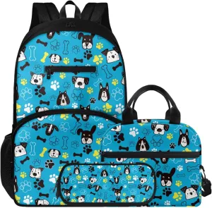 3pcs 16.9 In School Backpack Set with Lunch Box & Pencil Case, Lightweight Durable Backpack, Tote Bag with Shoulder Strap for Students & School Daily Use, Cartoon Puppy Footprint Print