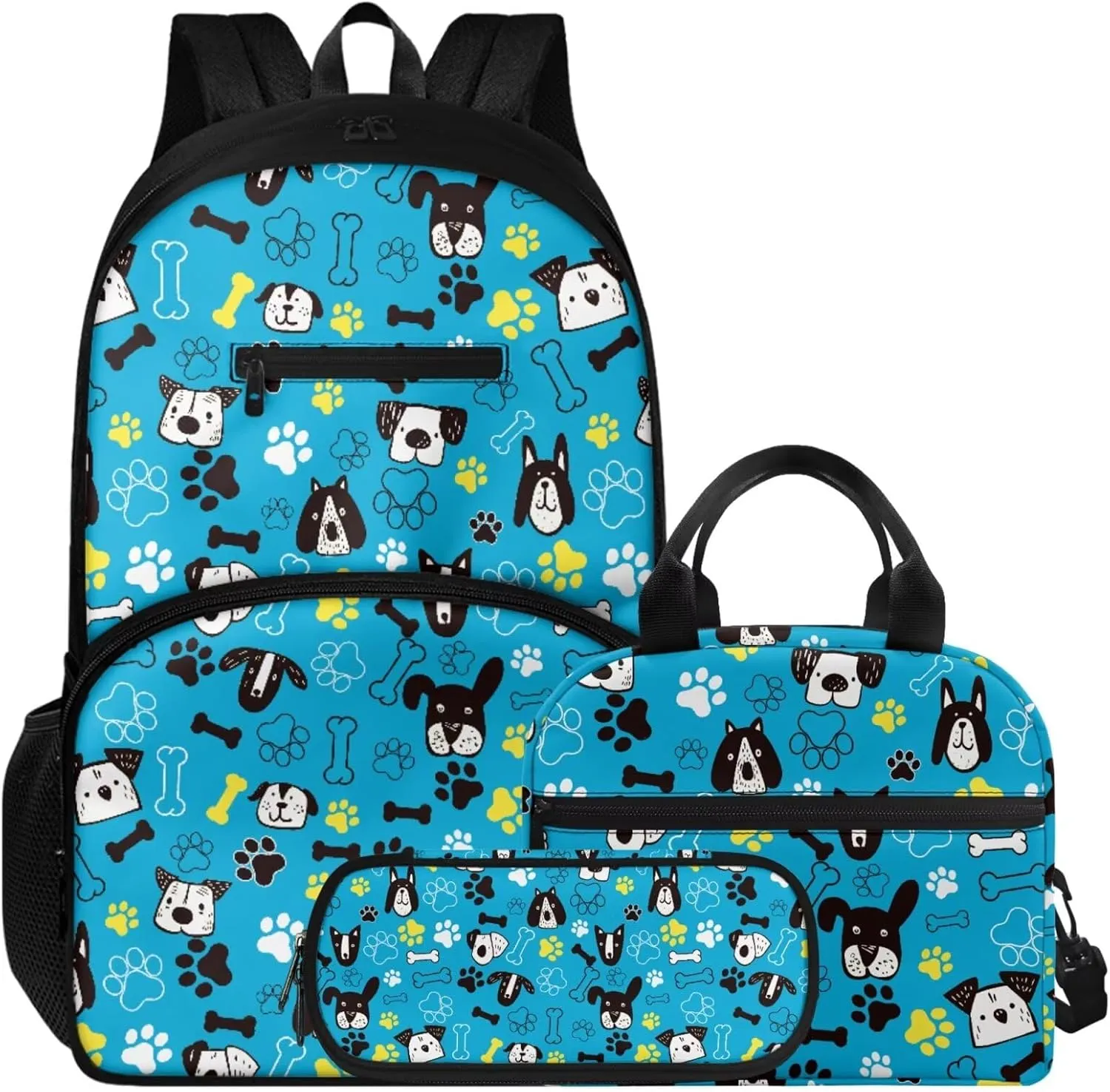 3pcs 16.9 In School Backpack Set with Lunch Box & Pencil Case, Lightweight Durable Backpack, Tote Bag with Shoulder Strap for Students & School Daily Use, Cartoon Puppy Footprint Print