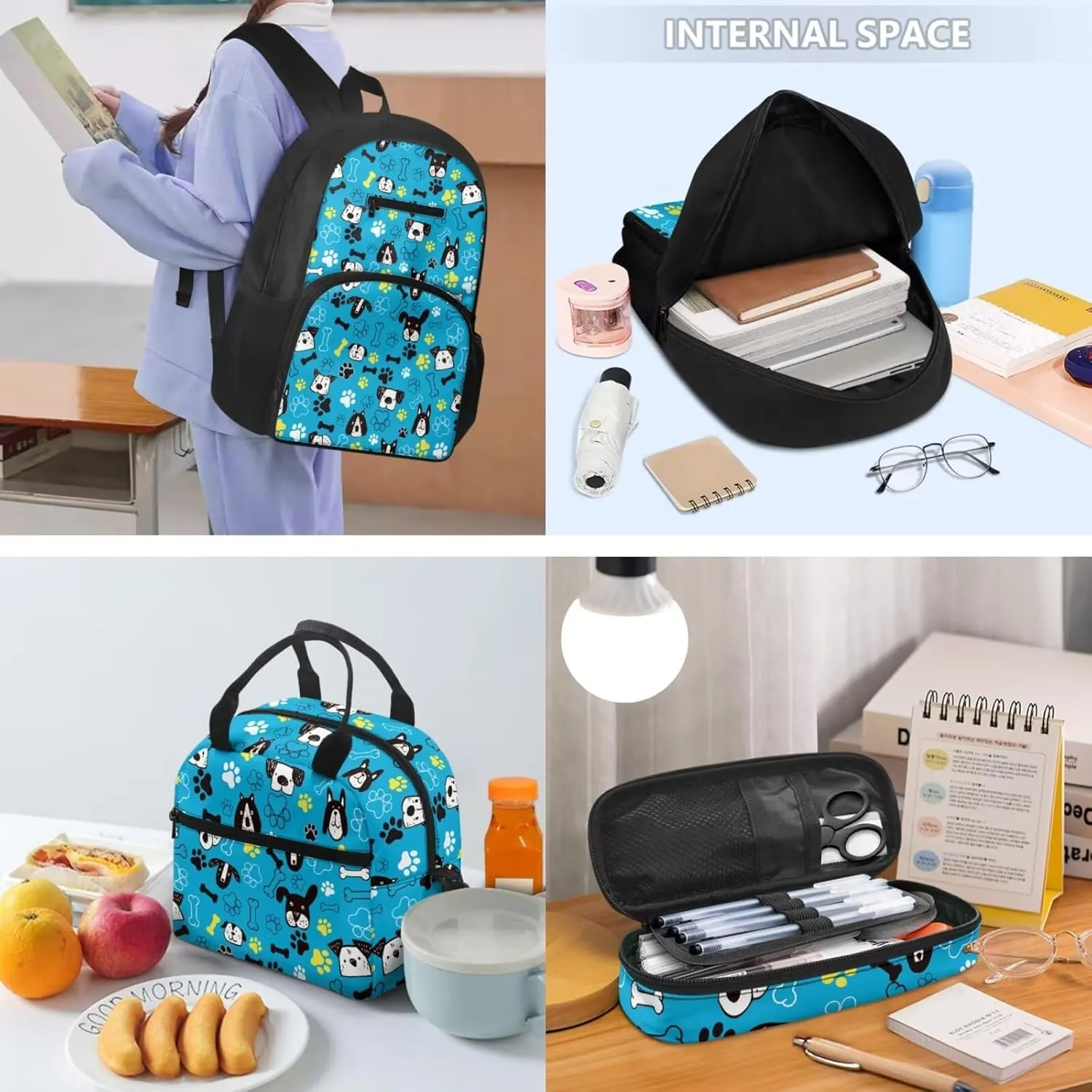 3pcs 16.9 In School Backpack Set with Lunch Box & Pencil Case, Lightweight Durable Backpack, Tote Bag with Shoulder Strap for Students & School Daily Use, Cartoon Puppy Footprint Print
