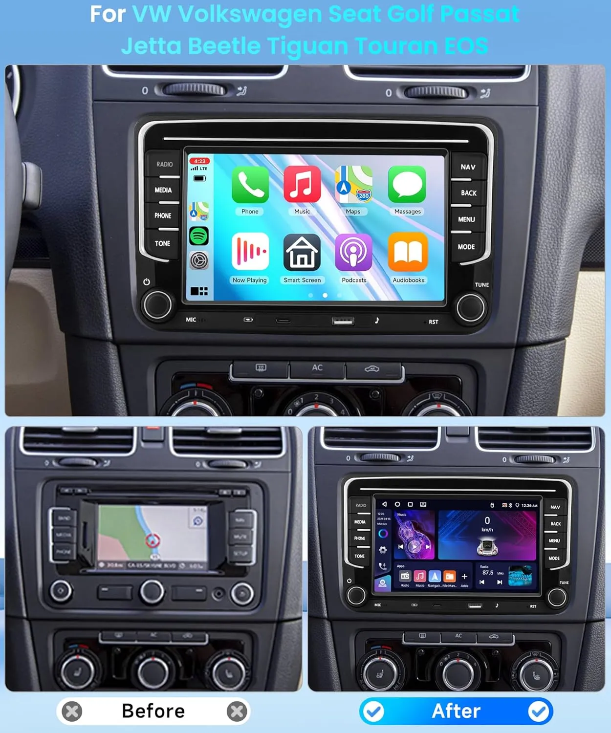 4 64G for VW Volkswagen Jetta Golf Passat Tiguan Seat Touran Skoda Wireless CarPlay Car Stereo,7” Android Auto IPS,Android Car Radio,32EQ DSP,Bluetooth5.0,GPS,FM,WiFi Backup Camera for Jetta Radio