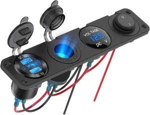 4 in 1-12V USB Outlet RV Accessories Marine Switch Panel Plug, PD3.0 and Dual QC3.0 Car USB Port Aluminum Charger, Lighted 150W Cigarette Lighter Socket, Blue LED Voltmeter and Toggle Switch DIY Kit