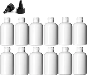 4 Ounce Boston Round Bottles, PET Plastic Empty Fillable BPA-Free, with Black Twist Caps (Pack of 12) (White)