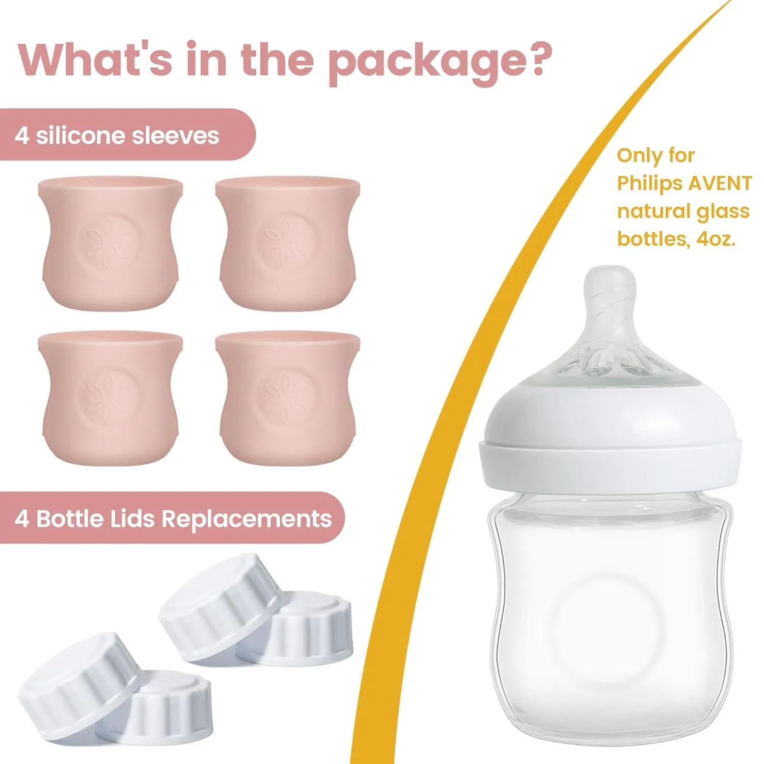 4 Pack Silicone Sleeves for Philips Avent Natural Bottle, Food Grade Silicone Cover and 4pcs Travel Caps, Lids Replacement (4Pink, 4oz)