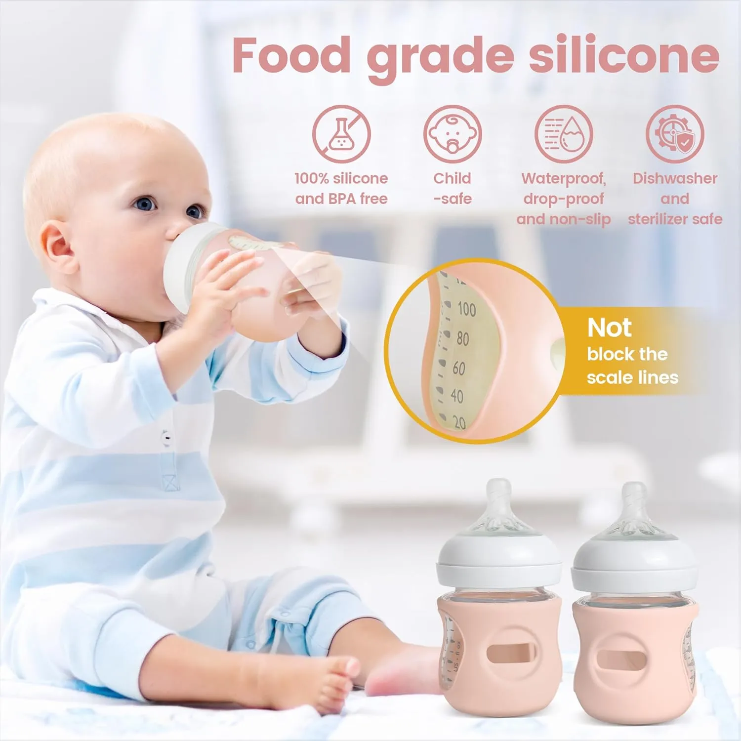 4 Pack Silicone Sleeves for Philips Avent Natural Bottle, Food Grade Silicone Cover and 4pcs Travel Caps, Lids Replacement (4Pink, 4oz)