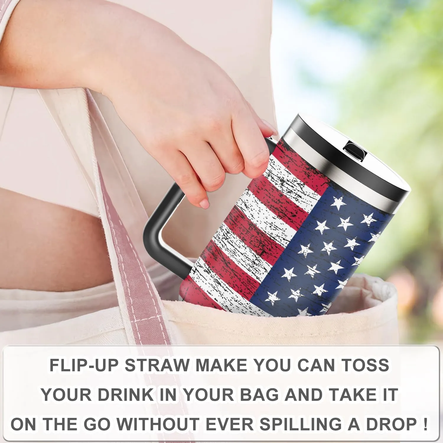 40 oz Tumbler with Handle and Flip Straw Lid - Upgraded Insulated Traveler Tumblers with Lids Straws Vacuum Leak Proof Stainless Steel 40oz Cup Mug Gifts for Men Women Him Her (US Flag)