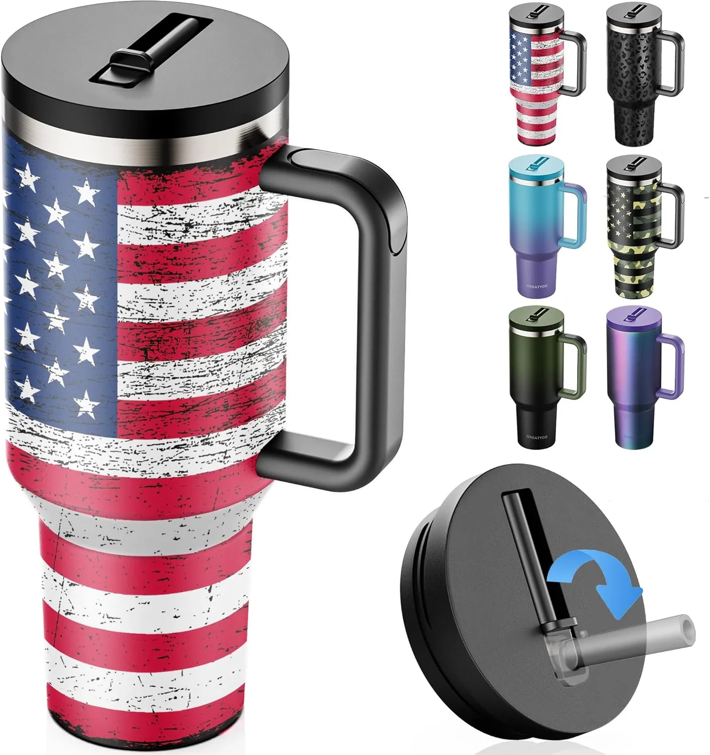 40 oz Tumbler with Handle and Flip Straw Lid - Upgraded Insulated Traveler Tumblers with Lids Straws Vacuum Leak Proof Stainless Steel 40oz Cup Mug Gifts for Men Women Him Her (US Flag)