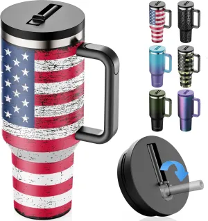 40 oz Tumbler with Handle and Flip Straw Lid - Upgraded Insulated Traveler Tumblers with Lids Straws Vacuum Leak Proof Stainless Steel 40oz Cup Mug Gifts for Men Women Him Her (US Flag)