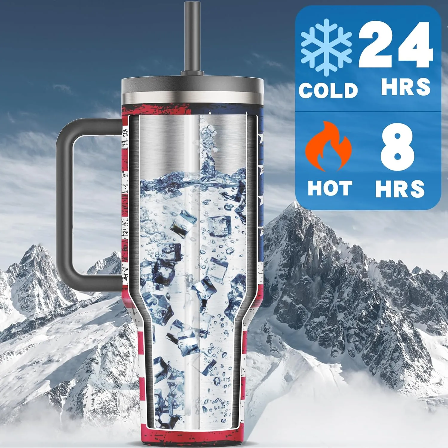 40 oz Tumbler with Handle and Flip Straw Lid - Upgraded Insulated Traveler Tumblers with Lids Straws Vacuum Leak Proof Stainless Steel 40oz Cup Mug Gifts for Men Women Him Her (US Flag)