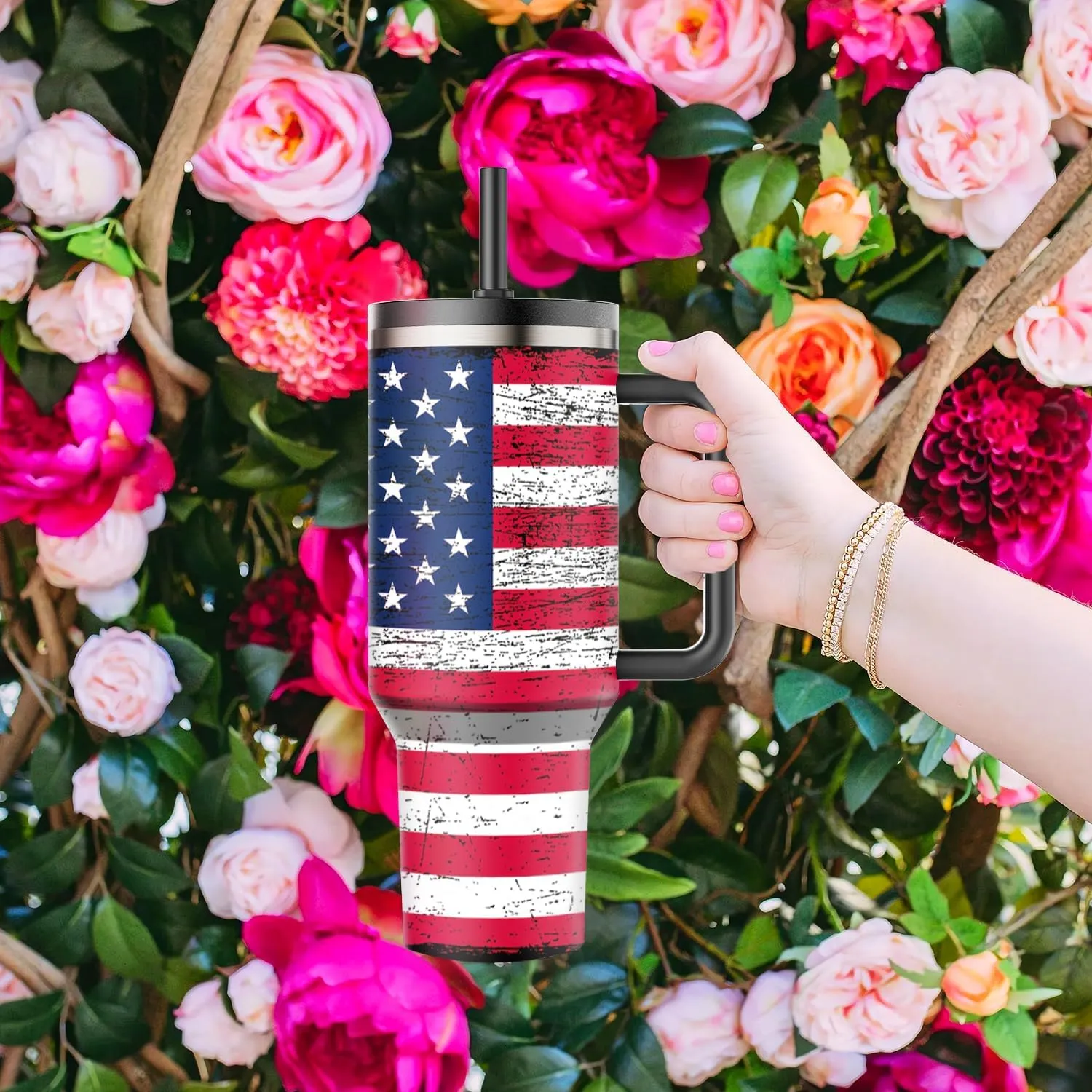 40 oz Tumbler with Handle and Flip Straw Lid - Upgraded Insulated Traveler Tumblers with Lids Straws Vacuum Leak Proof Stainless Steel 40oz Cup Mug Gifts for Men Women Him Her (US Flag)