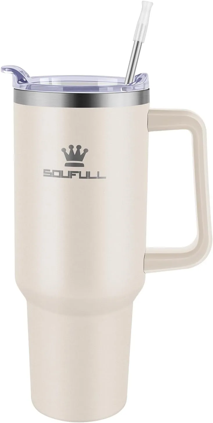 40 oz Tumbler with Handle and Straw Lid, 100% Leak-proof Travel Coffee Mug, Stainless Steel Insulated Cup for Hot and Cold Beverages, Keeps Cold for 34Hrs or Hot for 10Hrs, Dishwasher Safe (Cream)