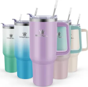 40 oz Tumbler with Handle and Straw Lid, 100% Leak-proof Travel Coffee Mug, Stainless Steel Insulated Cup for Hot Cold Beverages, Keeps Cold for 34Hrs or Hot for 10Hrs, Dishwasher Safe (LightPurple)
