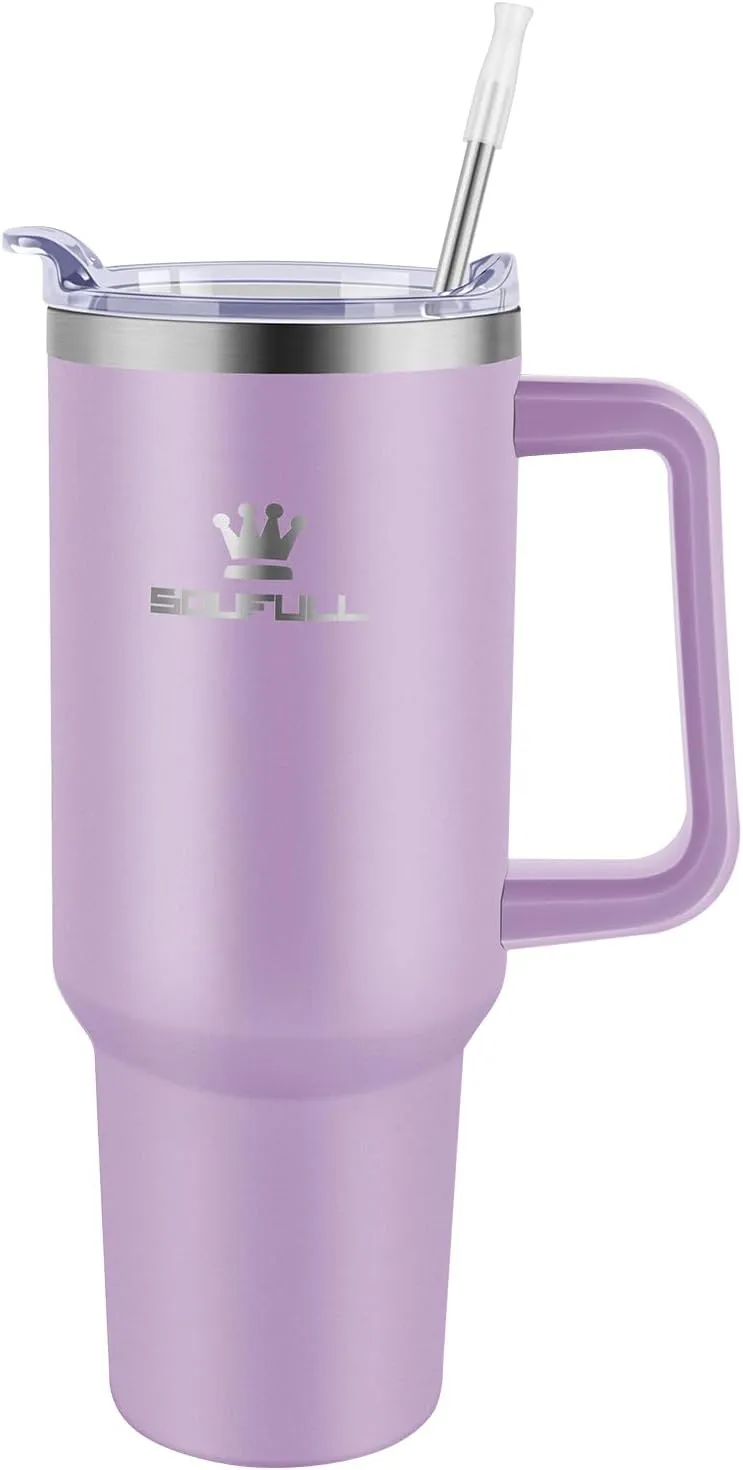 40 oz Tumbler with Handle and Straw Lid, 100% Leak-proof Travel Coffee Mug, Stainless Steel Insulated Cup for Hot Cold Beverages, Keeps Cold for 34Hrs or Hot for 10Hrs, Dishwasher Safe (LightPurple)