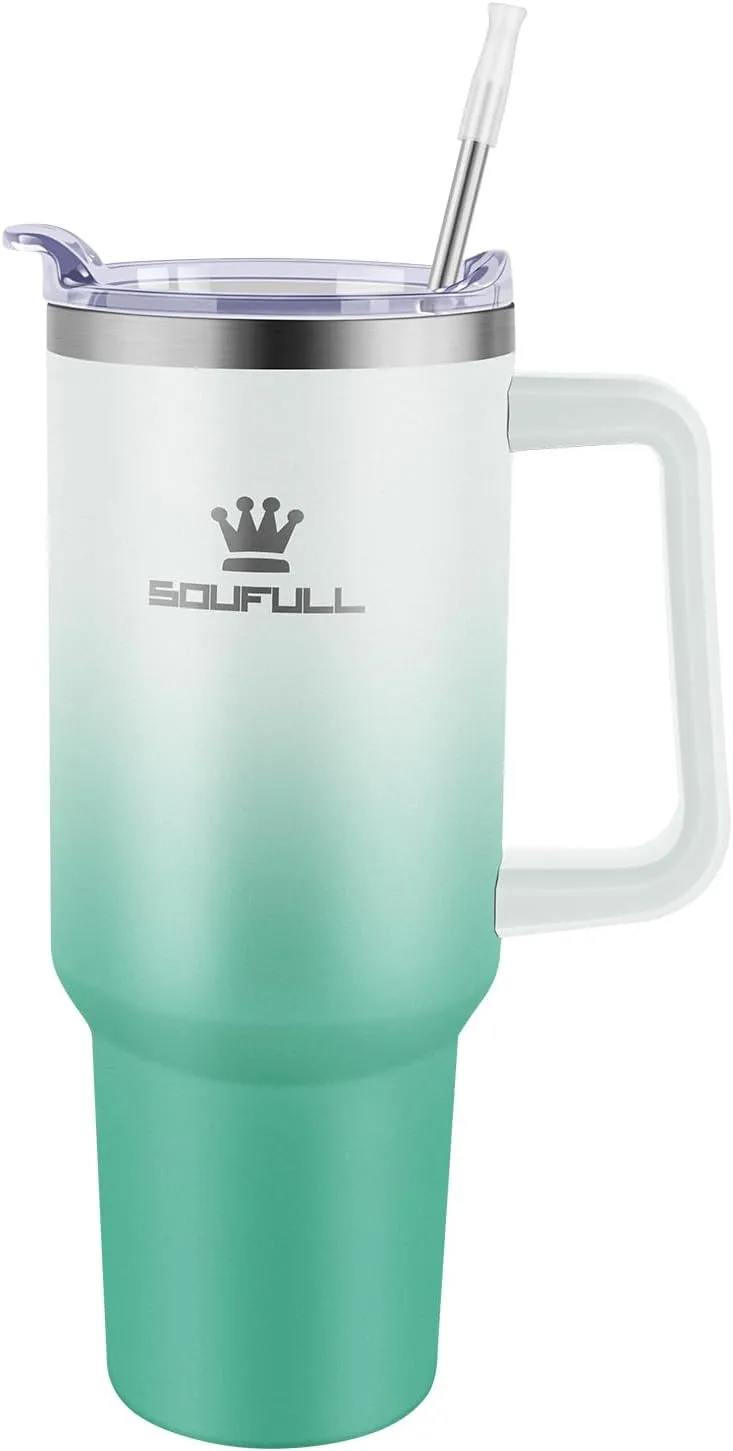 40 oz Tumbler with Handle and Straw Lid, 100% Leak-proof Travel Coffee Mug, Stainless Steel Insulated Cup for Hot Cold Beverages, Keeps Cold for 34Hrs or Hot for 10Hrs, Dishwasher Safe (WhiteGreen)