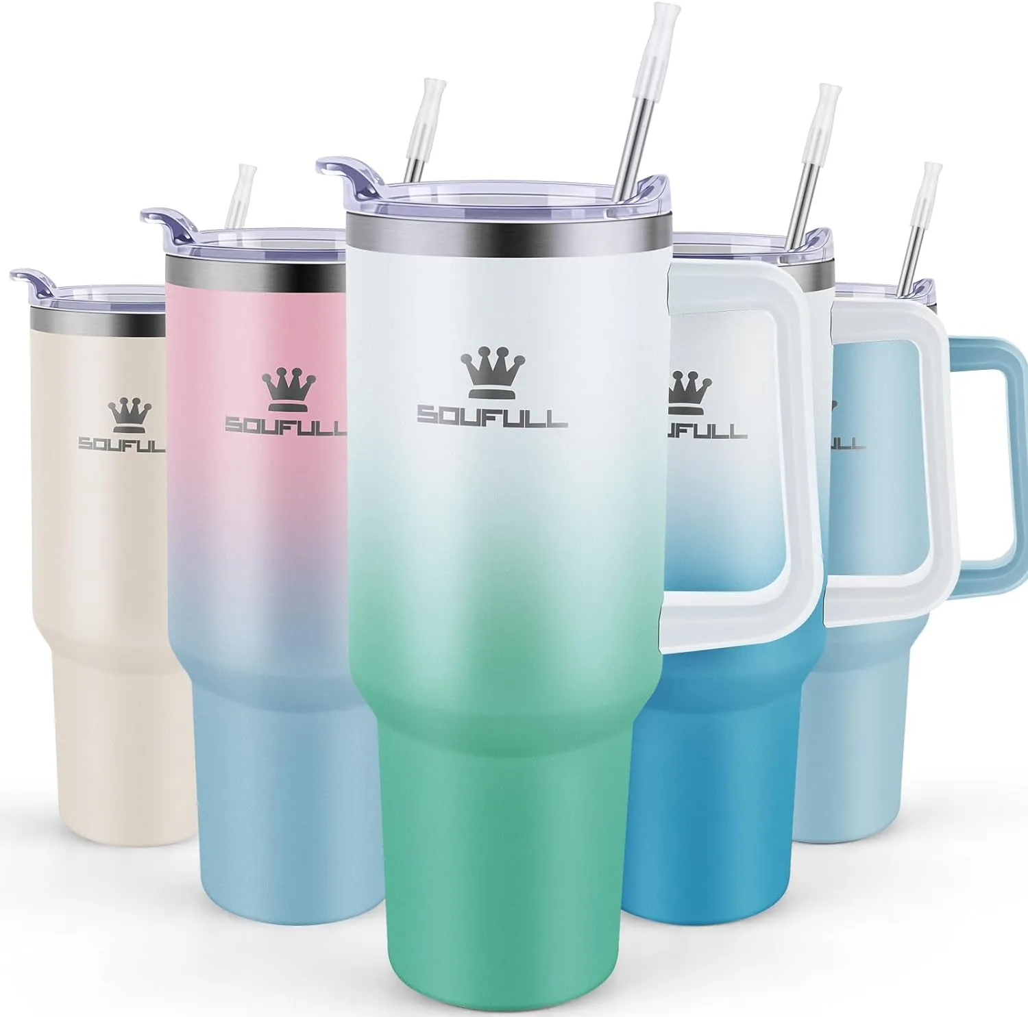 40 oz Tumbler with Handle and Straw Lid, 100% Leak-proof Travel Coffee Mug, Stainless Steel Insulated Cup for Hot Cold Beverages, Keeps Cold for 34Hrs or Hot for 10Hrs, Dishwasher Safe (WhiteGreen)