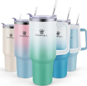 40 oz Tumbler with Handle and Straw Lid, 100% Leak-proof Travel Coffee Mug, Stainless Steel Insulated Cup for Hot Cold Beverages, Keeps Cold for 34Hrs or Hot for 10Hrs, Dishwasher Safe (WhiteGreen)