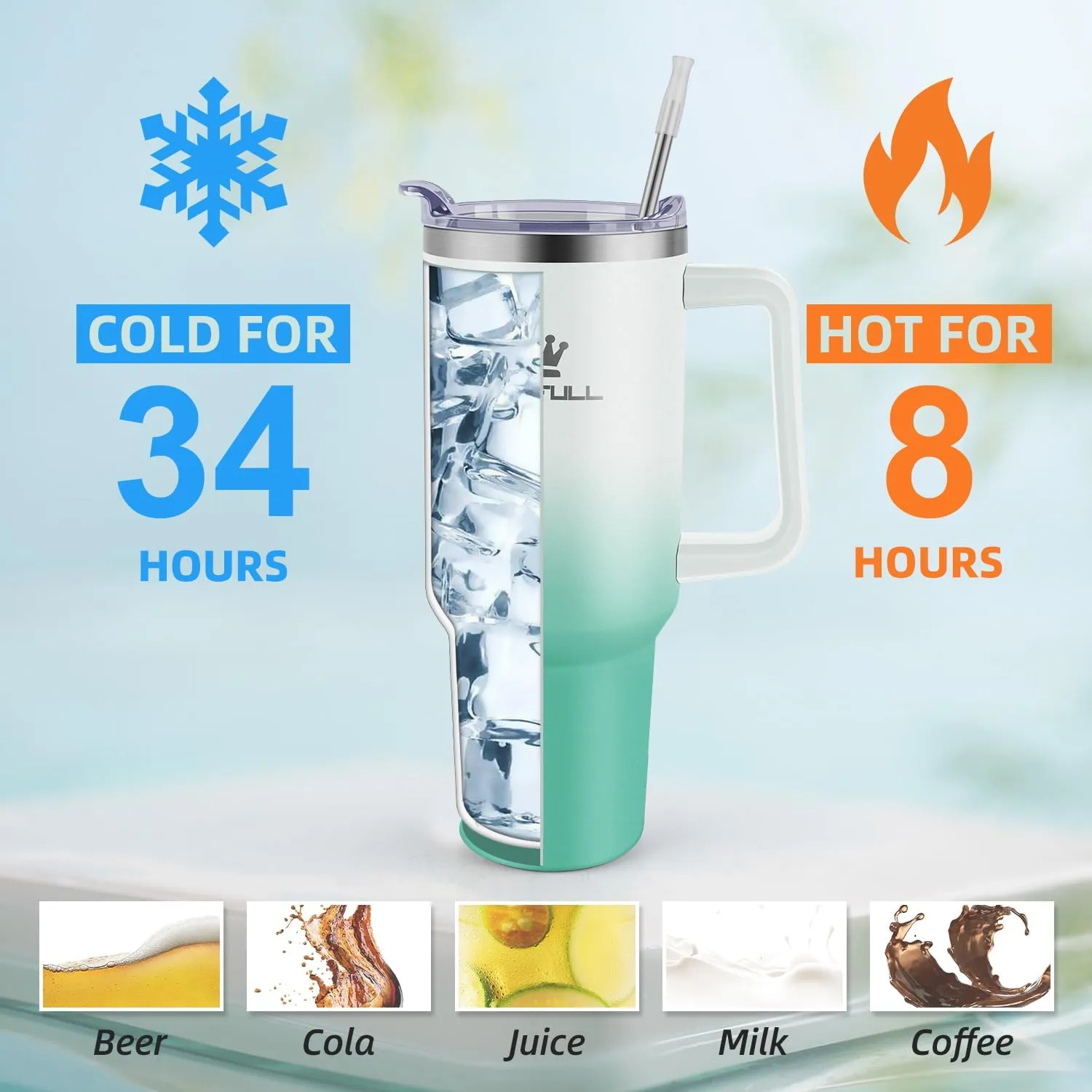 40 oz Tumbler with Handle and Straw Lid, 100% Leak-proof Travel Coffee Mug, Stainless Steel Insulated Cup for Hot Cold Beverages, Keeps Cold for 34Hrs or Hot for 10Hrs, Dishwasher Safe (WhiteGreen)