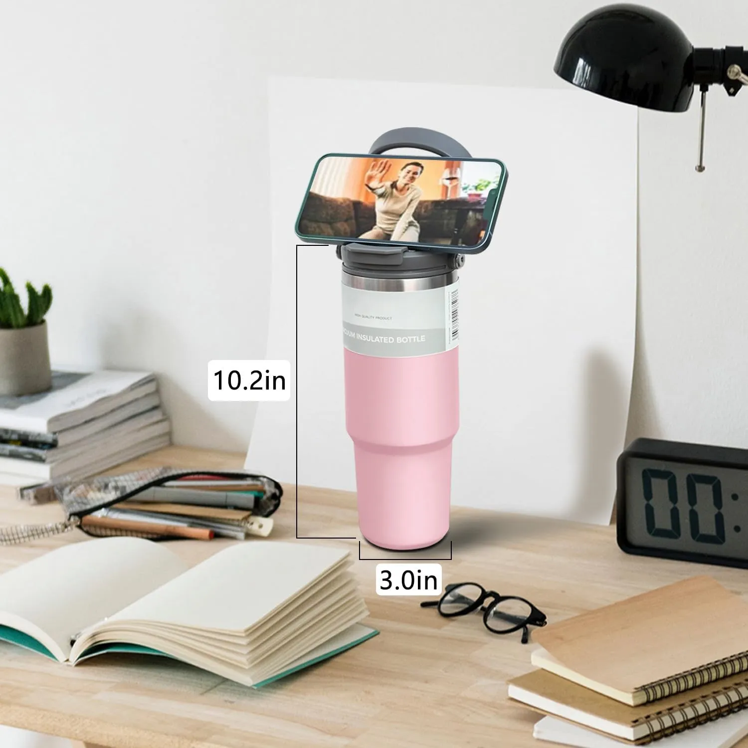 40 oz Tumbler with Handle, Vacuum Insulated Tumbler with 2-in-1 Lid and Straw, Double Wall Stainless Steel Water Bottle Coffee Cup Travel Mug Leak Proof Flip, Pink