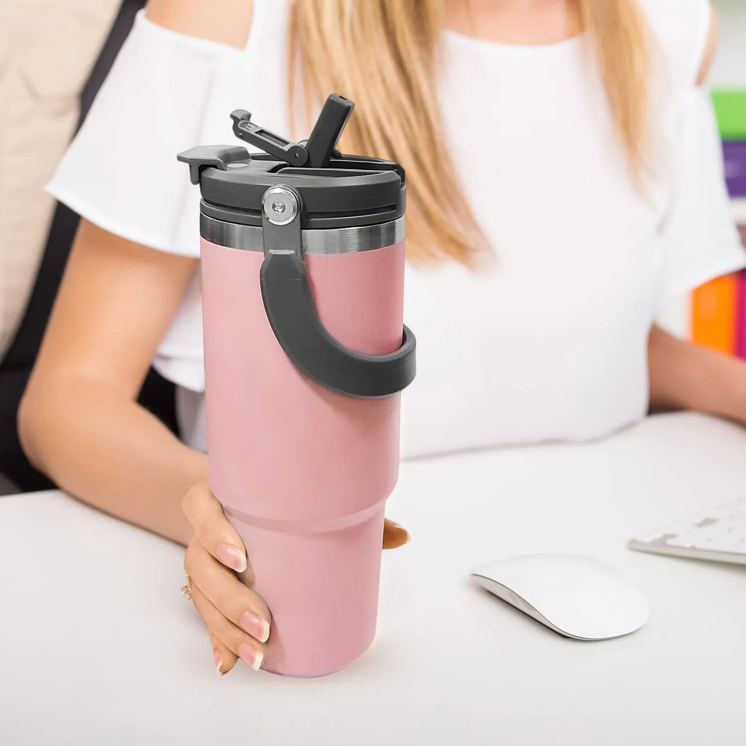 40 oz Tumbler with Handle, Vacuum Insulated Tumbler with 2-in-1 Lid and Straw, Double Wall Stainless Steel Water Bottle Coffee Cup Travel Mug Leak Proof Flip, Pink