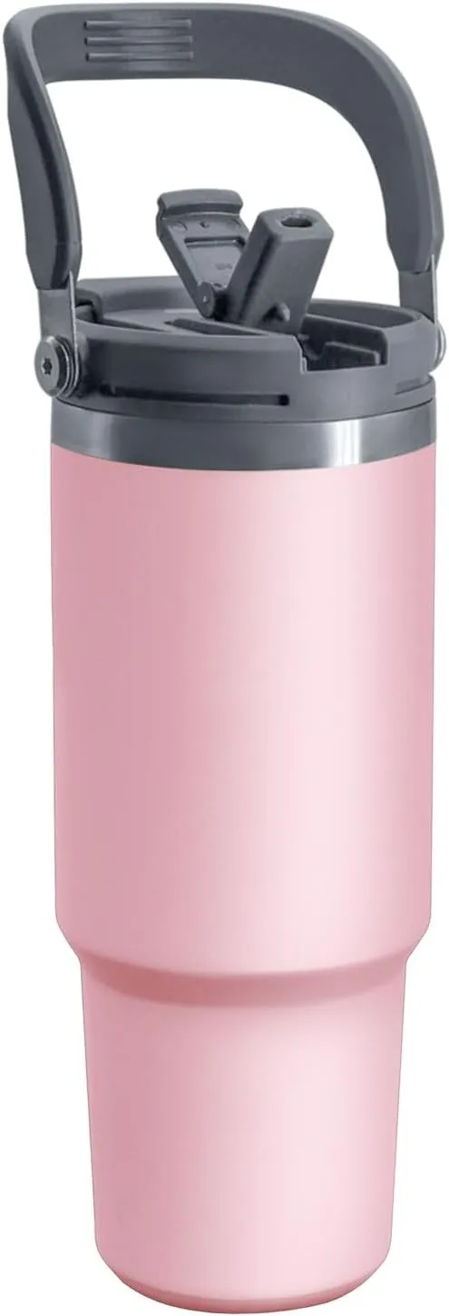 40 oz Tumbler with Handle, Vacuum Insulated Tumbler with 2-in-1 Lid and Straw, Double Wall Stainless Steel Water Bottle Coffee Cup Travel Mug Leak Proof Flip, Pink