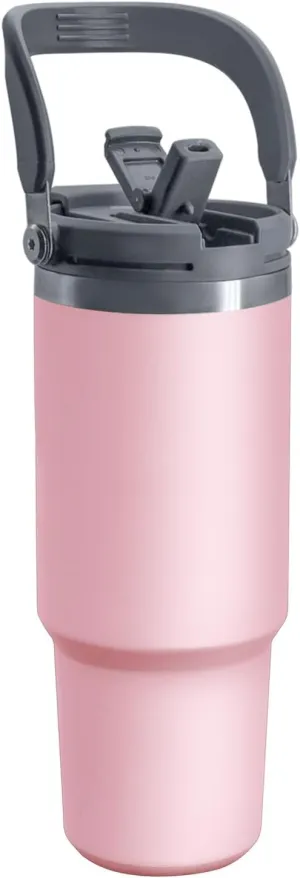 40 oz Tumbler with Handle, Vacuum Insulated Tumbler with 2-in-1 Lid and Straw, Double Wall Stainless Steel Water Bottle Coffee Cup Travel Mug Leak Proof Flip, Pink