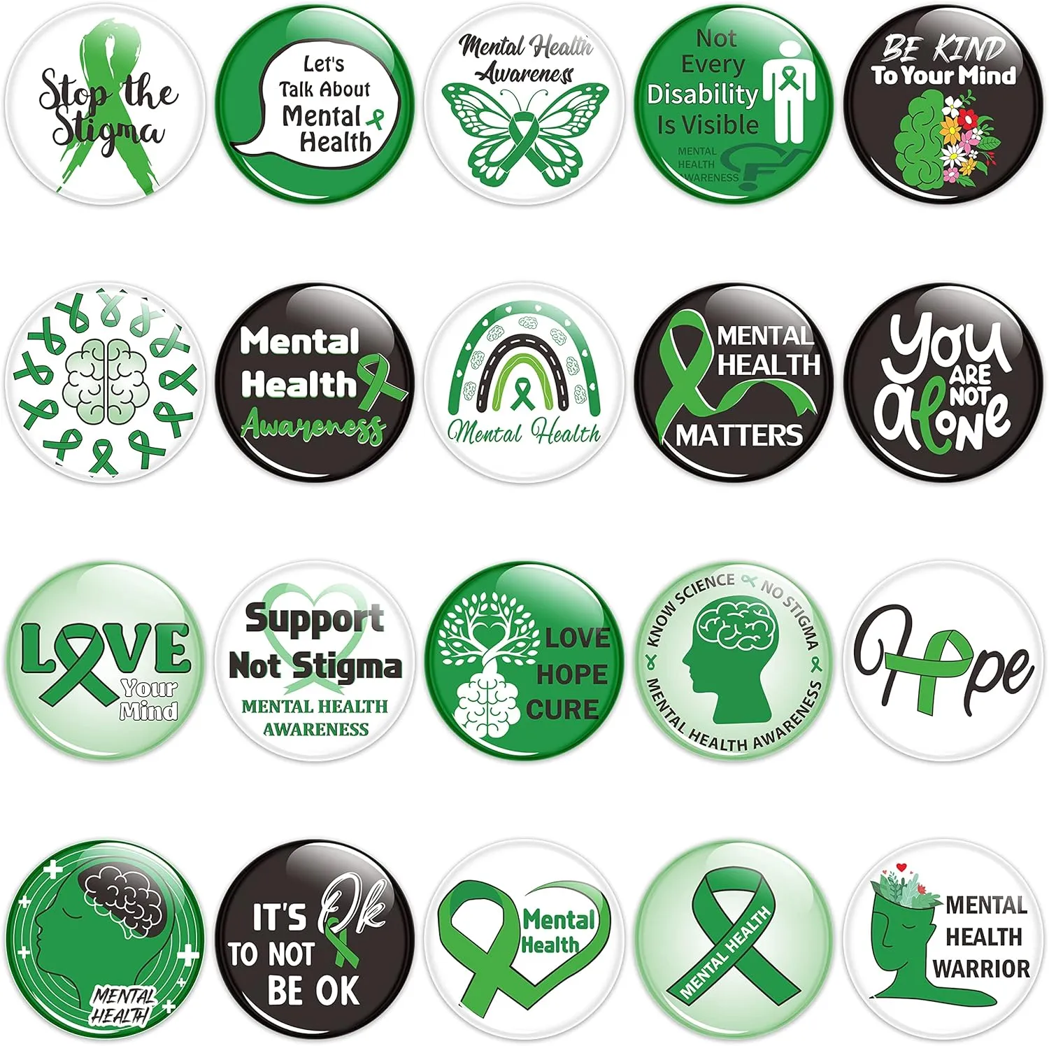 40/100Pcs Mental Health Awareness Party Favor Button Pins - Green Ribbon Round Badges Mental Health Awareness Month Pinback Decoration Supplies, Clothing Bag Hat Accessories
