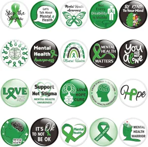 40/100Pcs Mental Health Awareness Party Favor Button Pins - Green Ribbon Round Badges Mental Health Awareness Month Pinback Decoration Supplies, Clothing Bag Hat Accessories