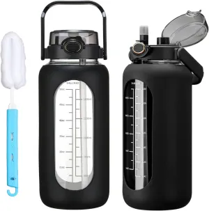 42oz/52oz/64oz Glass Water Bolttles with Straw Half Gallon Large Motivational Water Bottle with Time Marker Sports Water Bottles with Silicone Sleeve and Handle Lid Water Jug for Gym Workout