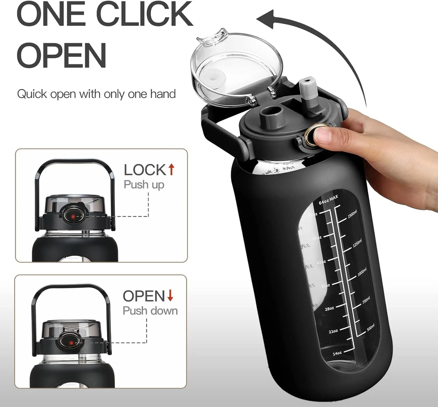 42oz/52oz/64oz Glass Water Bolttles with Straw Half Gallon Large Motivational Water Bottle with Time Marker Sports Water Bottles with Silicone Sleeve and Handle Lid Water Jug for Gym Workout