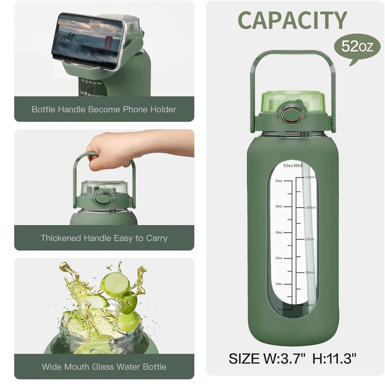 42oz/52oz/64oz Glass Water Bolttles with Straw Half Gallon Large Motivational Water Bottle with Time Marker Sports Water Bottles with Silicone Sleeve and Handle Lid Water Jug for Gym Workout