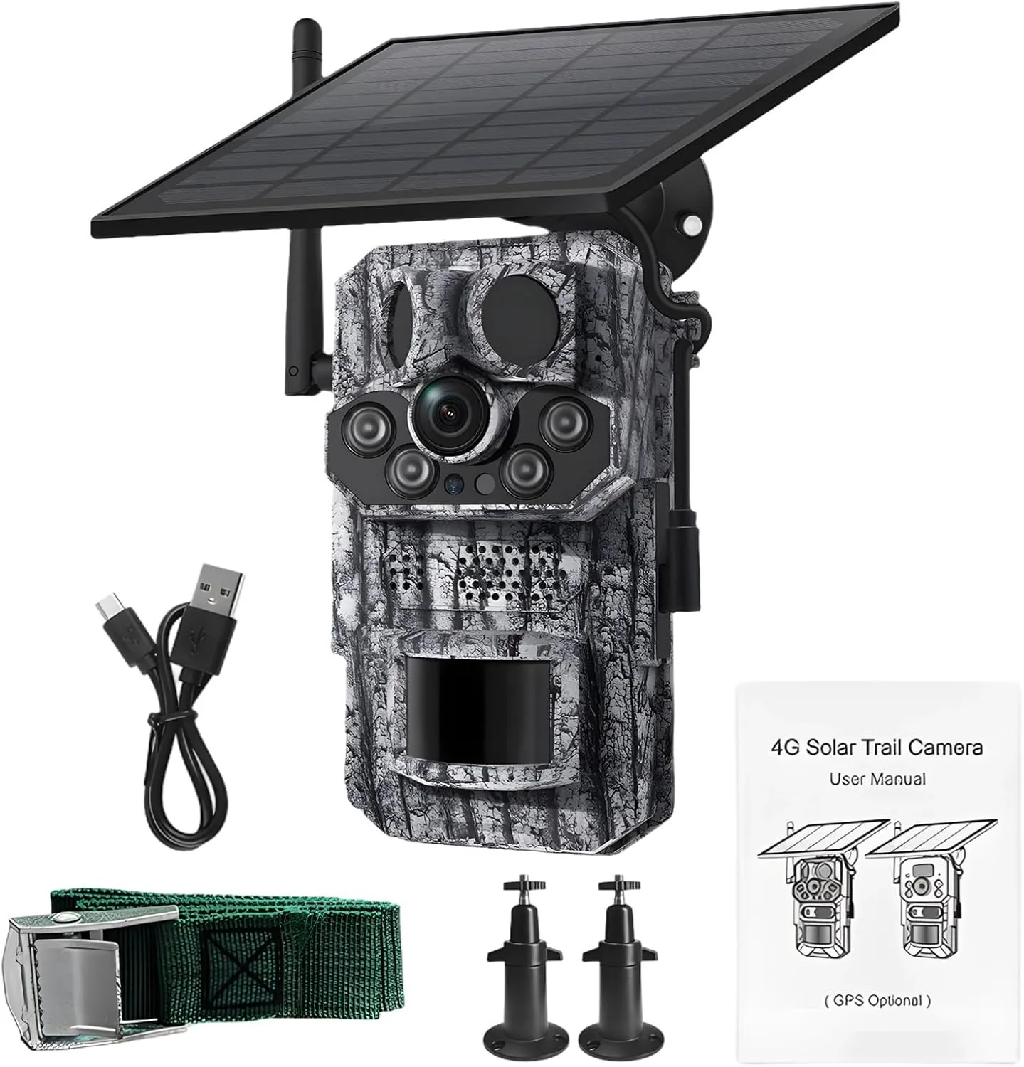 4G Solar Trail Camera for Outdoor Use, GPS, 3Mp Night Vision, Waterproof, Includes Solar Panel & Accessories