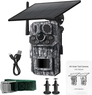 4G Solar Trail Camera for Outdoor Use, GPS, 3Mp Night Vision, Waterproof, Includes Solar Panel & Accessories
