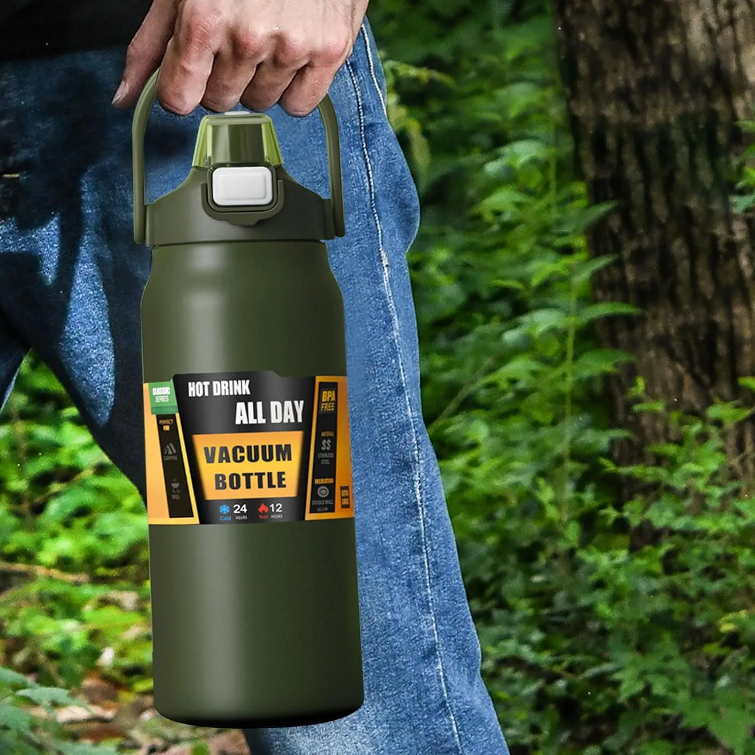 50oz /1500ml Insulated Water Bottle With Straw and Leakproof Lid, BPA Free Stainless Steel Wide Mouth Sports Water Bottle Cup With Portable Handle Double Wall Vacuum Keep Cold and Hot (Army green)