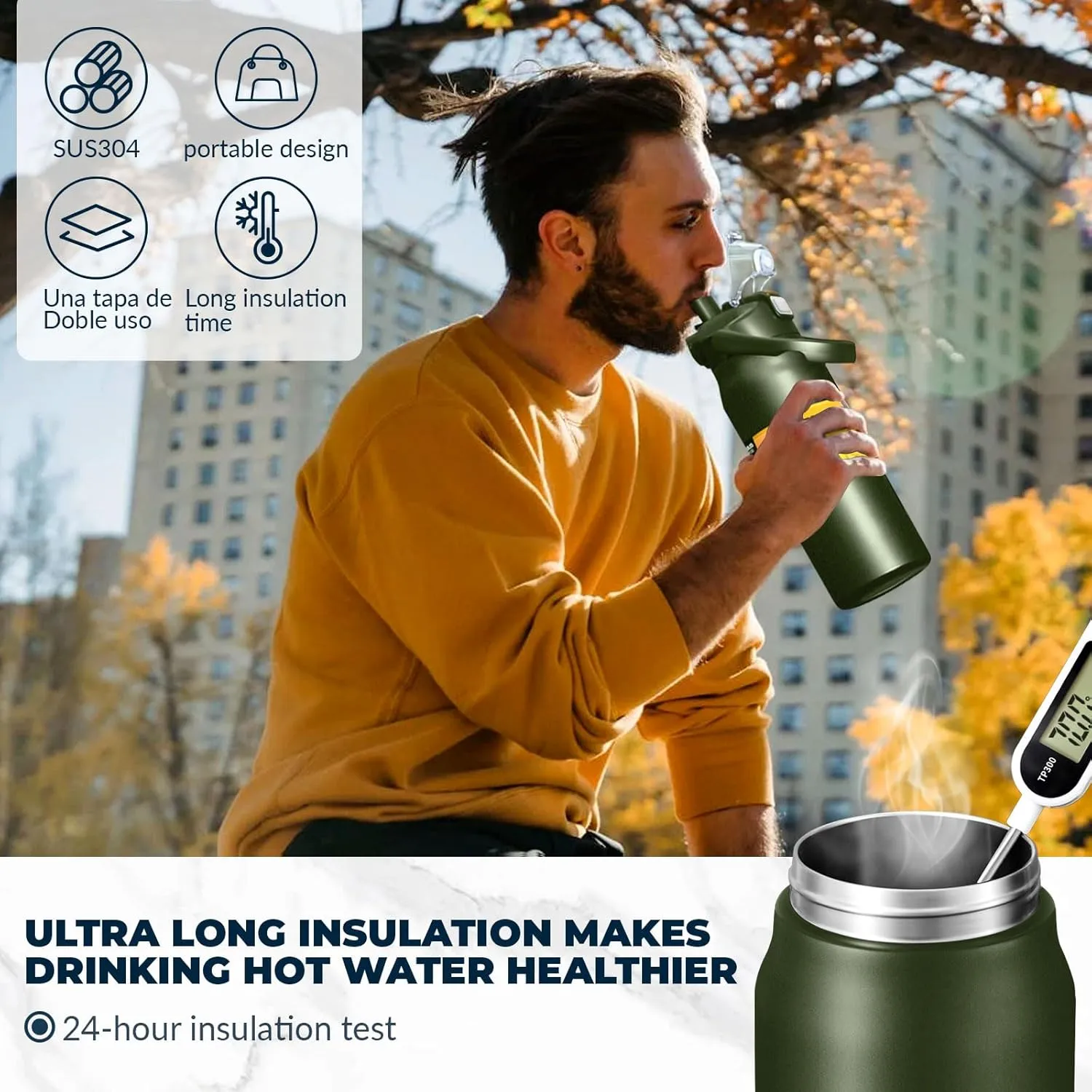 50oz /1500ml Insulated Water Bottle With Straw and Leakproof Lid, BPA Free Stainless Steel Wide Mouth Sports Water Bottle Cup With Portable Handle Double Wall Vacuum Keep Cold and Hot (Army green)