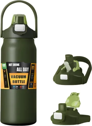 50oz /1500ml Insulated Water Bottle With Straw and Leakproof Lid, BPA Free Stainless Steel Wide Mouth Sports Water Bottle Cup With Portable Handle Double Wall Vacuum Keep Cold and Hot (Army green)