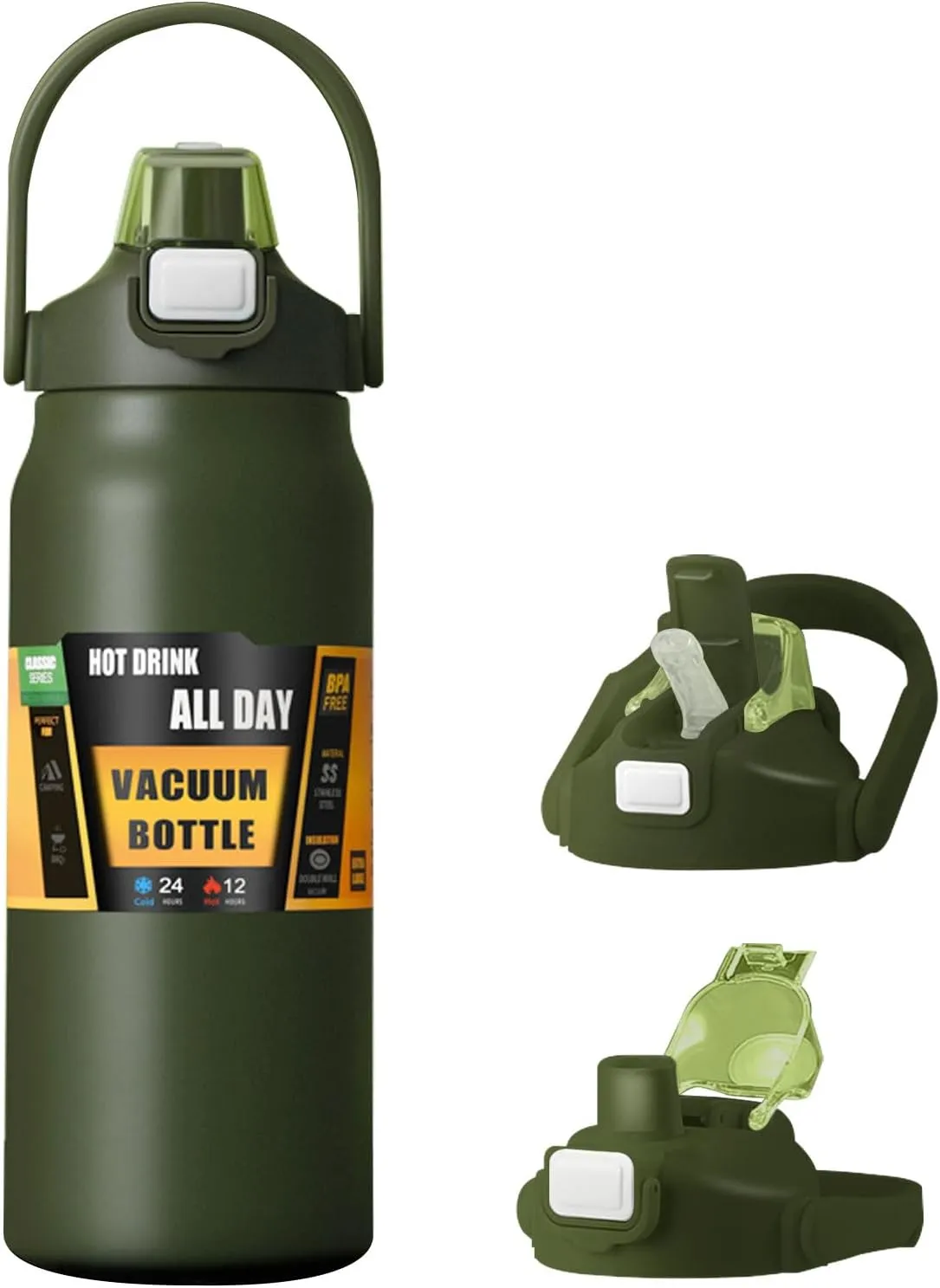 50oz /1500ml Insulated Water Bottle With Straw and Leakproof Lid, BPA Free Stainless Steel Wide Mouth Sports Water Bottle Cup With Portable Handle Double Wall Vacuum Keep Cold and Hot (Army green)