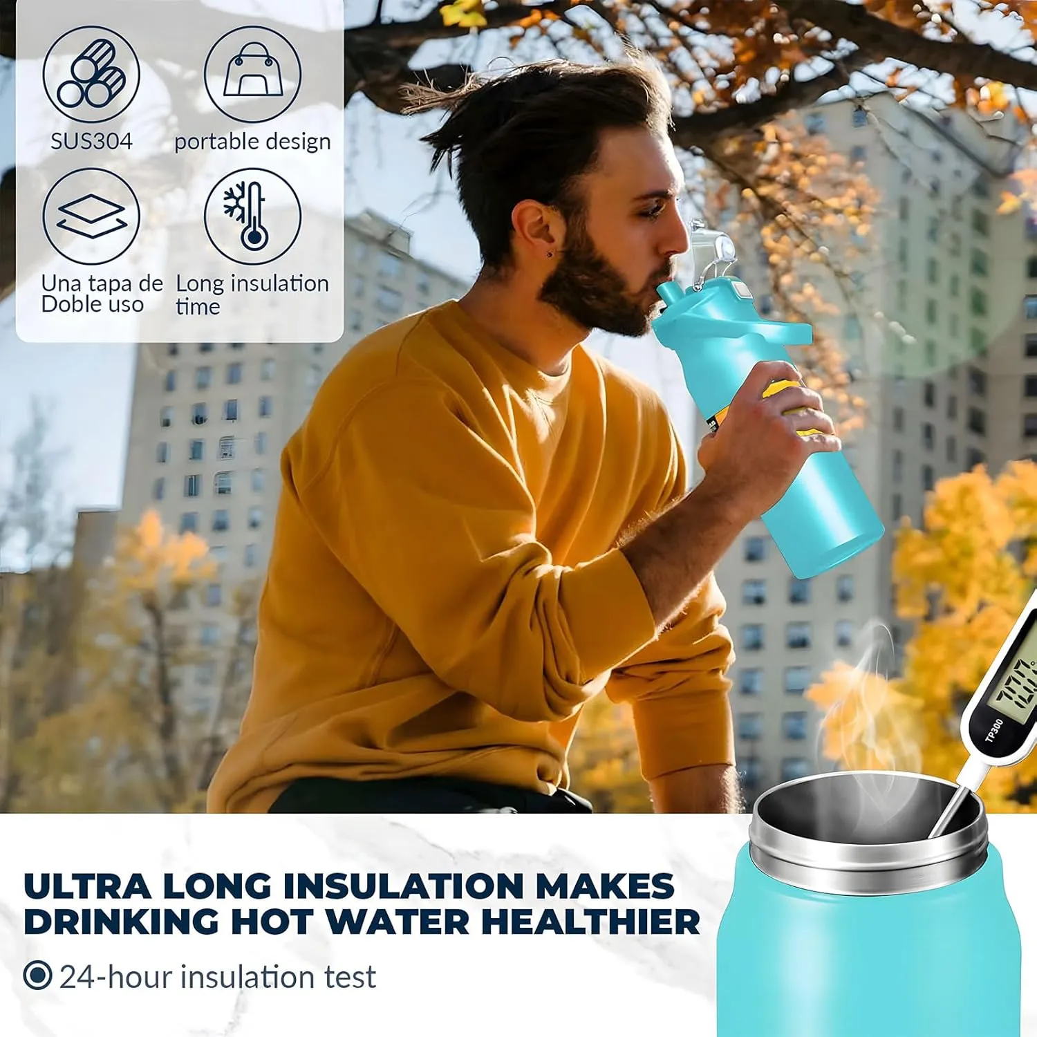 50oz /1500ml Insulated Water Bottle With Straw and Leakproof Lid, BPA Free Stainless Steel Wide Mouth Sports Water Bottle Cup With Portable Handle Double Wall Vacuum Keep Cold and Hot (green)