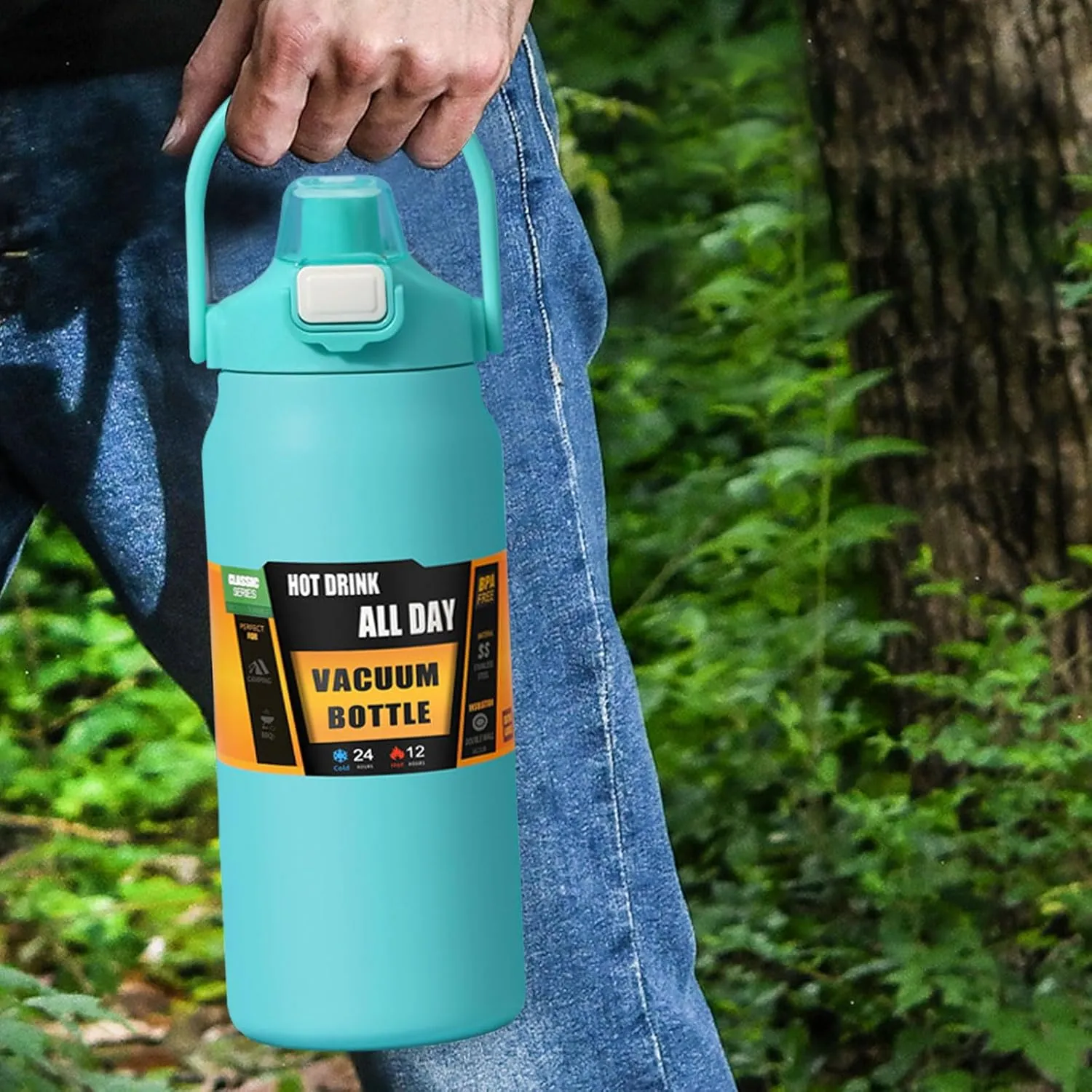 50oz /1500ml Insulated Water Bottle With Straw and Leakproof Lid, BPA Free Stainless Steel Wide Mouth Sports Water Bottle Cup With Portable Handle Double Wall Vacuum Keep Cold and Hot (green)