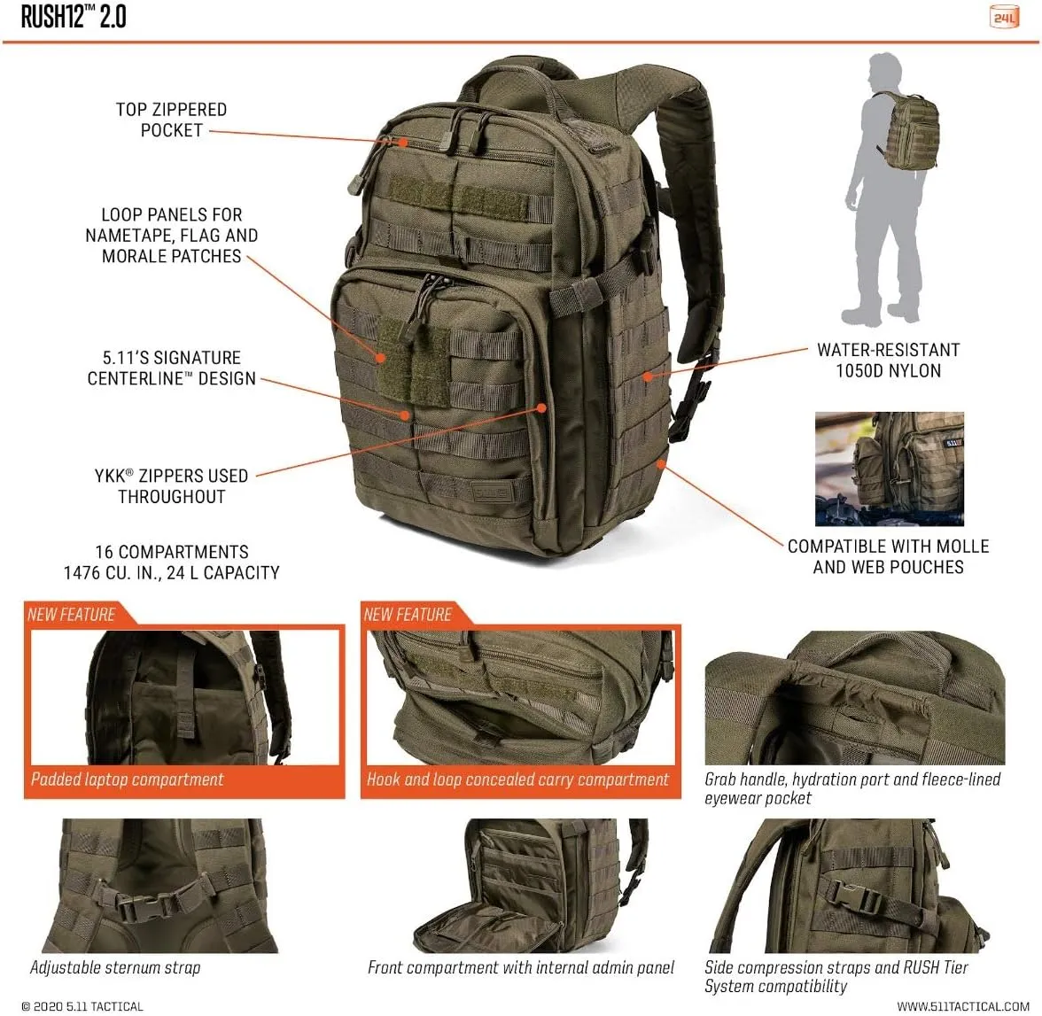 5.11 Tactical Backpack – Rush 12 2.0 – Military Molle Pack, CCW with Multiple Compartments, 24 Liter, Small, Style 56562, Multicam