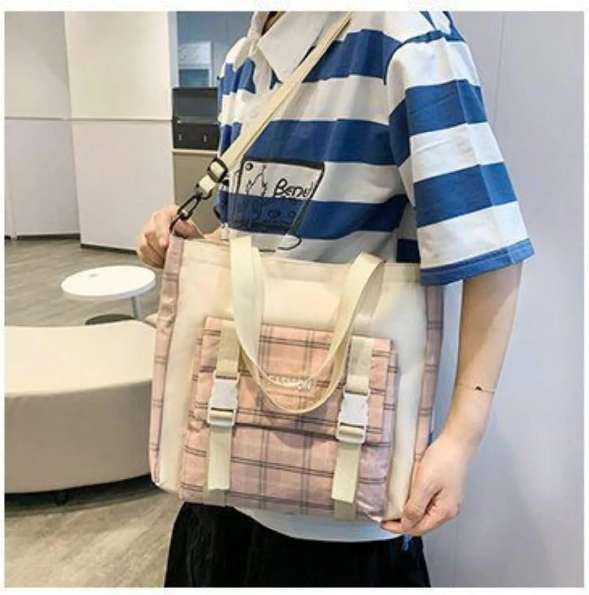 5Pcs Canvas Kawaii Backpack Combo Set with Cute Bear Pendant Pins Plaid Check Handle Shoulder Tote Daypack Bag Kit (Pink)