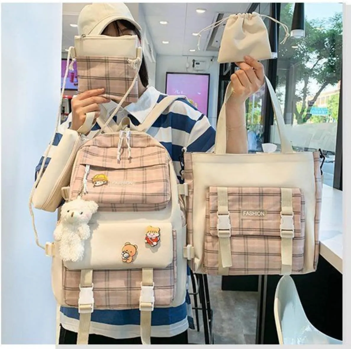 5Pcs Canvas Kawaii Backpack Combo Set with Cute Bear Pendant Pins Plaid Check Handle Shoulder Tote Daypack Bag Kit (Pink)