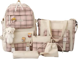 5Pcs Canvas Kawaii Backpack Combo Set with Cute Bear Pendant Pins Plaid Check Handle Shoulder Tote Daypack Bag Kit (Pink)