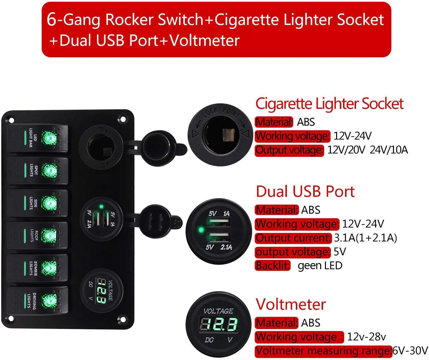 6 Gang Rocker Switch Fuse Panel, Waterproof Digital Voltmeter Display with Dual USB Charger for RV Marine Car Vehicles Truck Boat (Green Light)