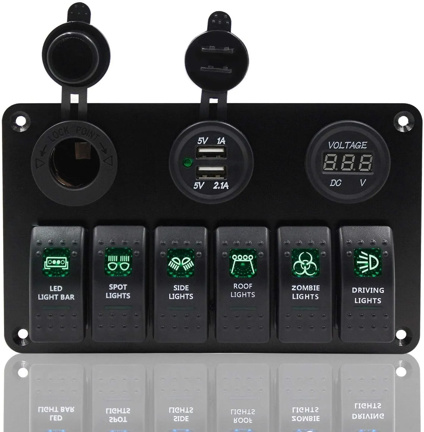 6 Gang Rocker Switch Fuse Panel, Waterproof Digital Voltmeter Display with Dual USB Charger for RV Marine Car Vehicles Truck Boat (Green Light)