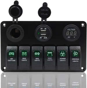 6 Gang Rocker Switch Fuse Panel, Waterproof Digital Voltmeter Display with Dual USB Charger for RV Marine Car Vehicles Truck Boat (Green Light)