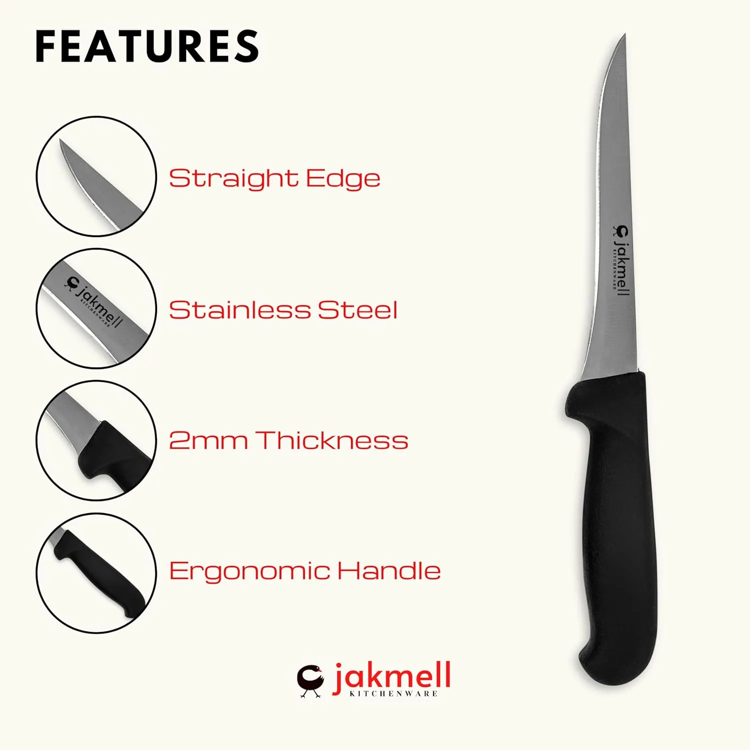 6-inch Boning Knife with Black Handle, Stainless Steel Boning Knife with a Durable Handle, Filet Knife for Fish and Meat, Ideal for Fileting and Boning