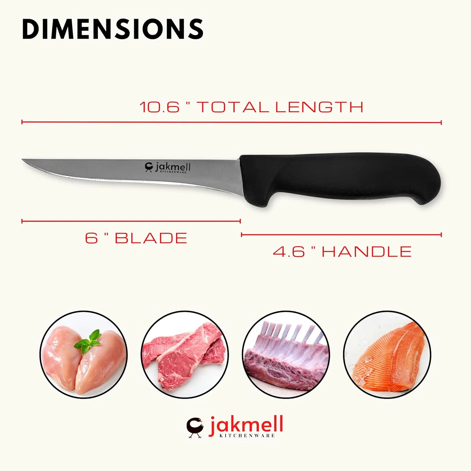 6-inch Boning Knife with Black Handle, Stainless Steel Boning Knife with a Durable Handle, Filet Knife for Fish and Meat, Ideal for Fileting and Boning