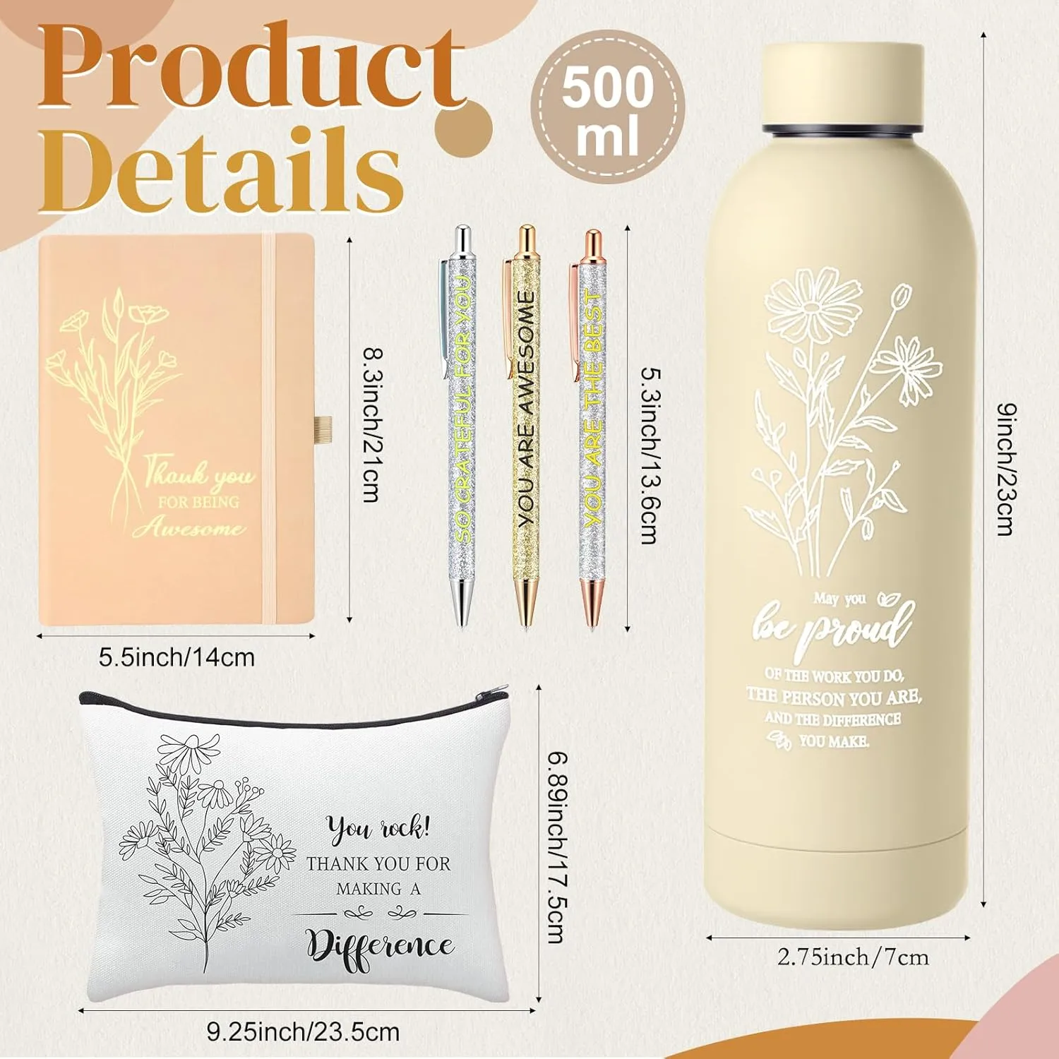 6 Pcs Team Employee Appreciation Gift Set Thank You Gifts with Frosted Double Wall Vacuum Stainless Steel Water Bottle, Printed Bag, and Pen A5 Notebook Set for Medical Assistants,Teachers