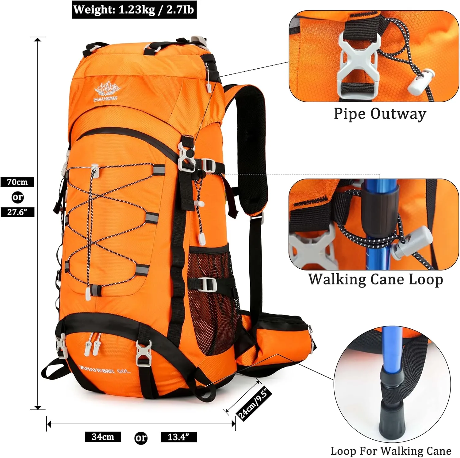 60L Travel Hiking Camping Backpack with Rain Cover, Backpack Water Resistant,Climbing Backpack for Men Women(Orange)