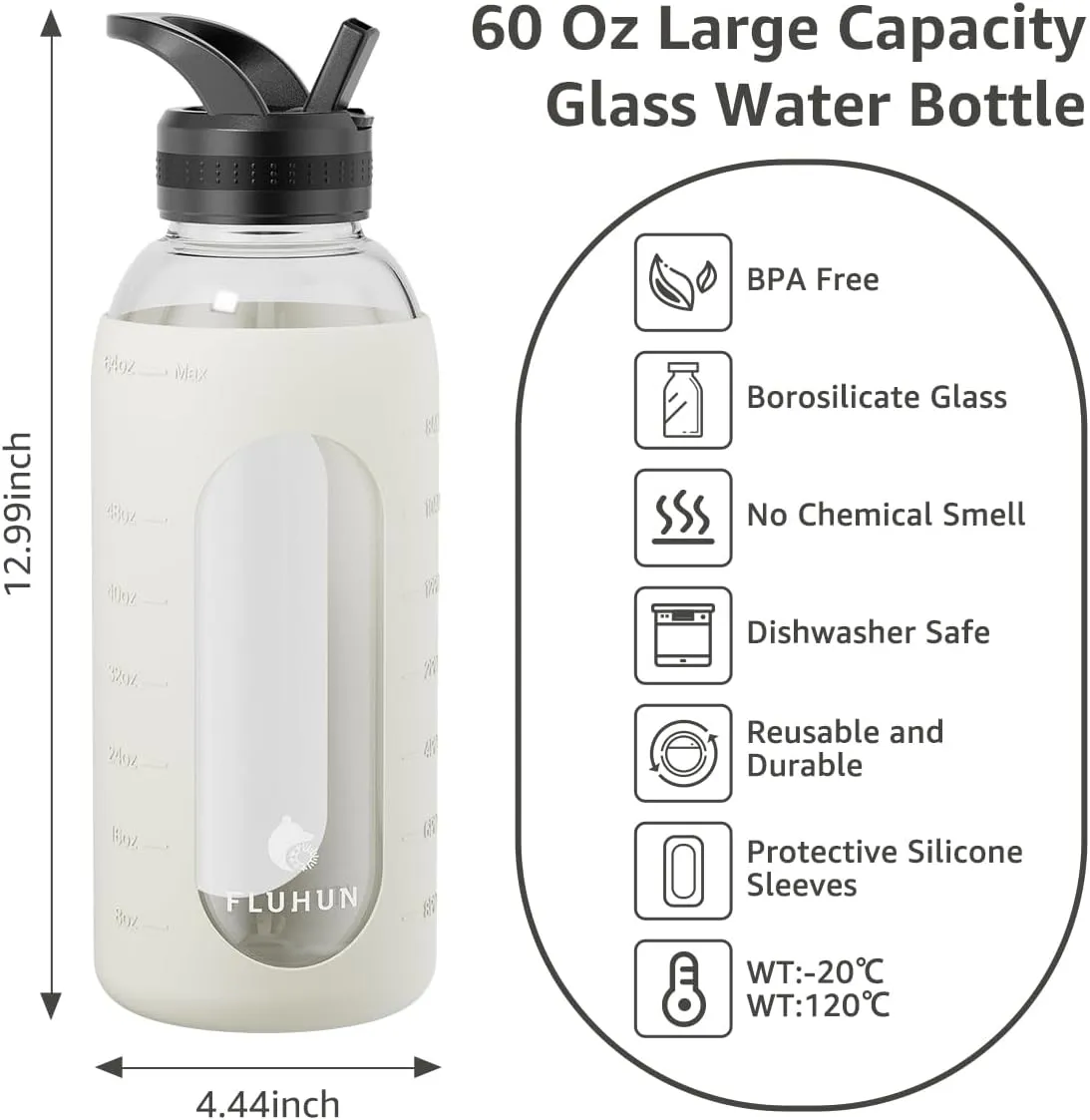 64 Oz Glass Water Bottles with 3 Lids, Half Gallon Water Bottle with Straw Handle, Large Sport Motivational Water Bottle with Silicone Sleeve and Time Marker, Water Jug for Home (White)