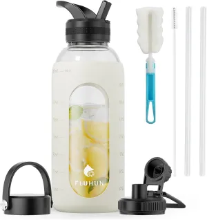 64 Oz Glass Water Bottles with 3 Lids, Half Gallon Water Bottle with Straw Handle, Large Sport Motivational Water Bottle with Silicone Sleeve and Time Marker, Water Jug for Home (White)